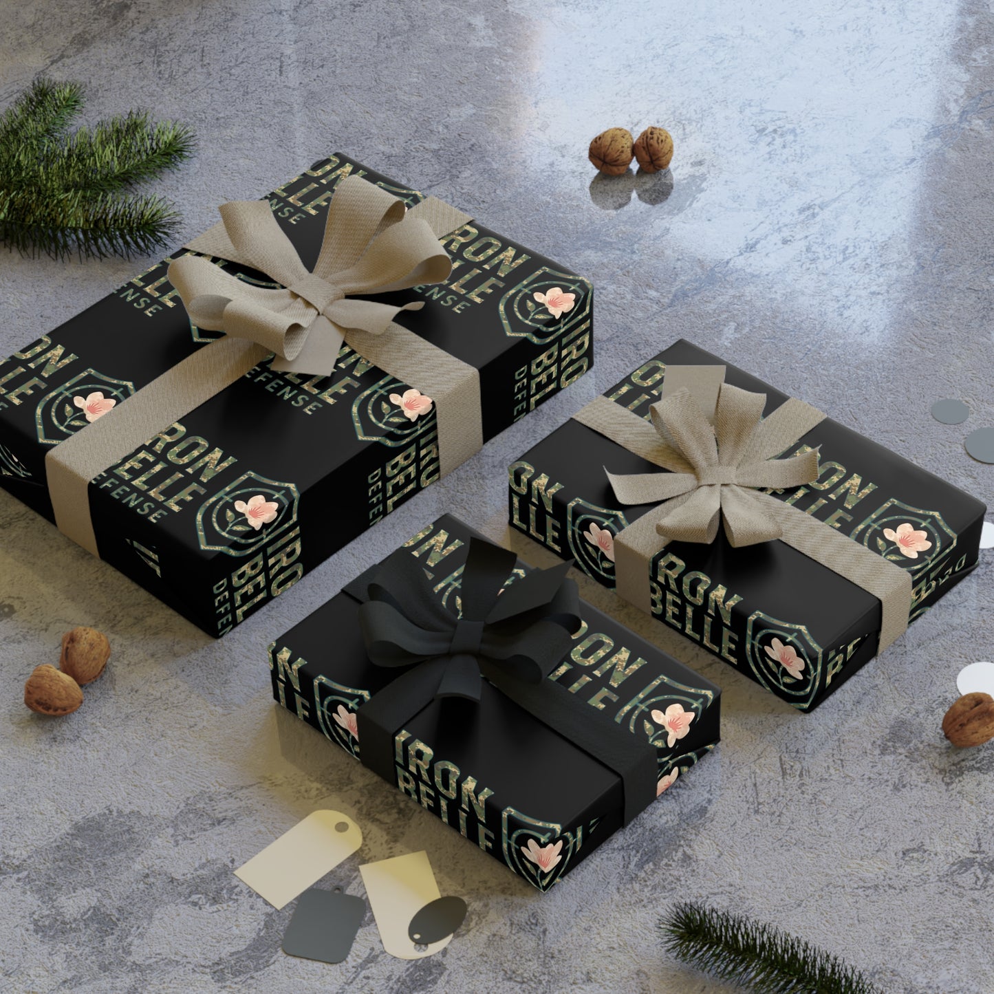 Wrapping Paper Roll — Black ‘Iron Belle Defense’ Logo Pattern Gift Wrap