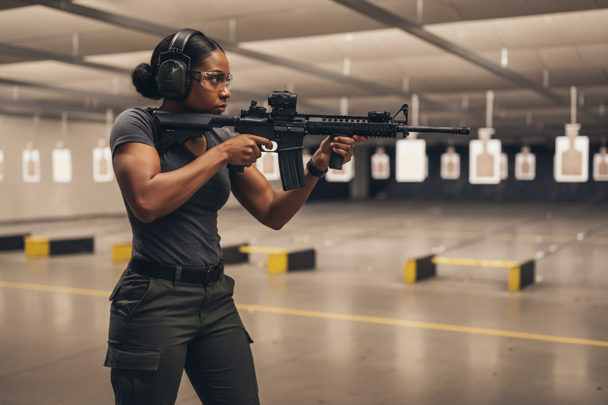 Create a hyper-realistic photo of an African-American woman standing in a modern indoor gun range, aiming a tactical AR-style rifle downrange. She is in a solid standing shooting stance with feet planted, shoulders engaged, and the rifle shouldered correctly. She wears clear eye protection and over-ear hearing protection. Capture a tight side-angle or ¾ angle showing her full upper body, focused expression, and proper firearm handling. The rifle features a mounted optic and rail system. In the background, i